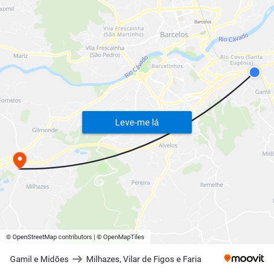 Gamil e Midões to Milhazes, Vilar de Figos e Faria map