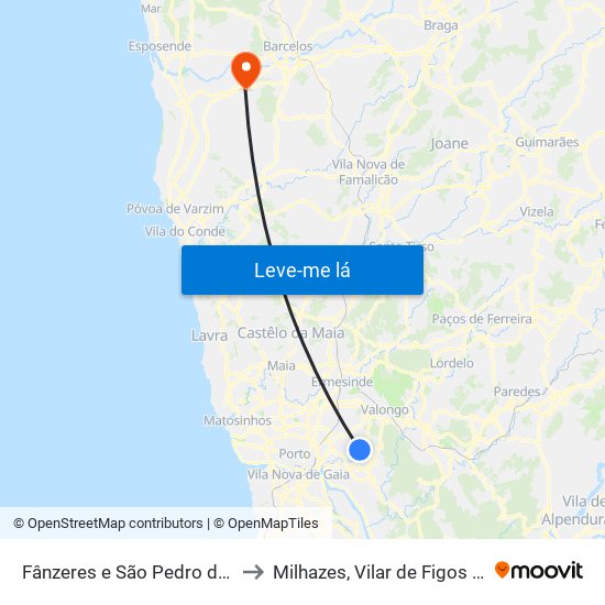 Fânzeres e São Pedro da Cova to Milhazes, Vilar de Figos e Faria map