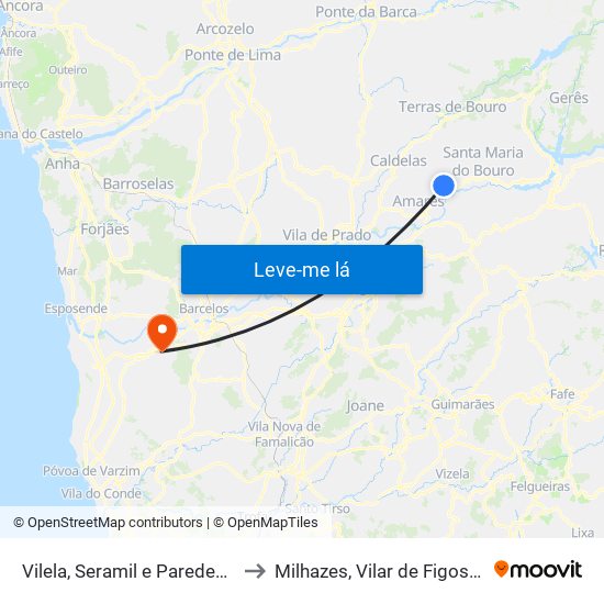 Vilela, Seramil e Paredes Secas to Milhazes, Vilar de Figos e Faria map