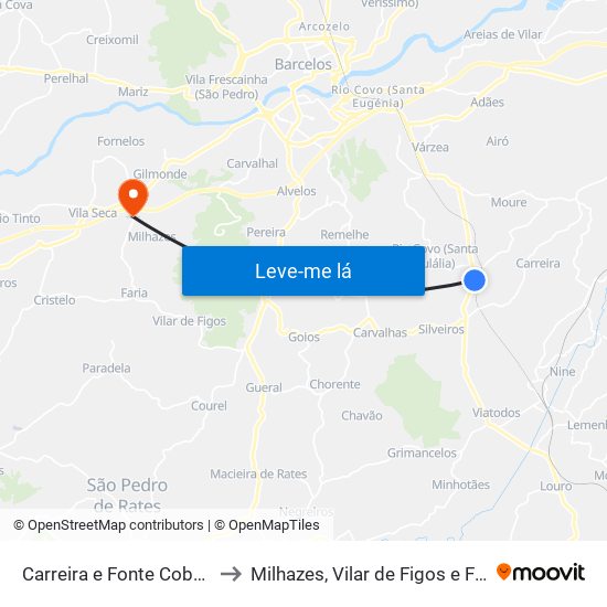 Carreira e Fonte Coberta to Milhazes, Vilar de Figos e Faria map
