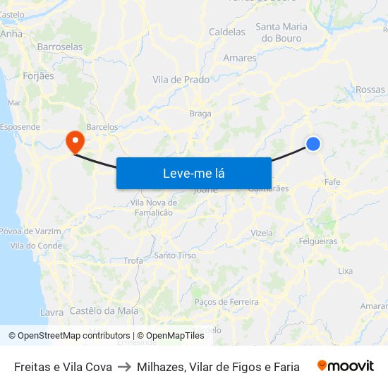 Freitas e Vila Cova to Milhazes, Vilar de Figos e Faria map