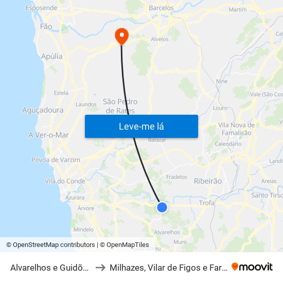 Alvarelhos e Guidões to Milhazes, Vilar de Figos e Faria map