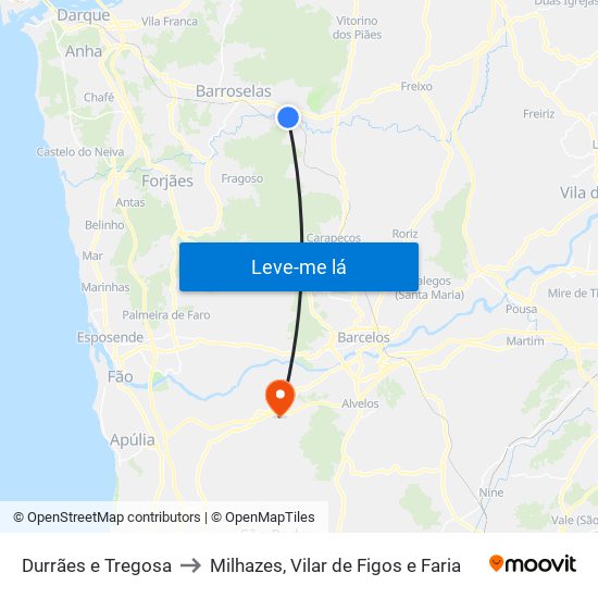 Durrães e Tregosa to Milhazes, Vilar de Figos e Faria map