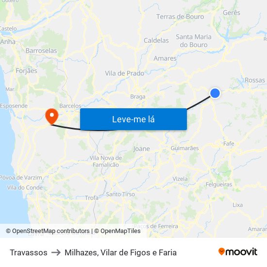 Travassos to Milhazes, Vilar de Figos e Faria map