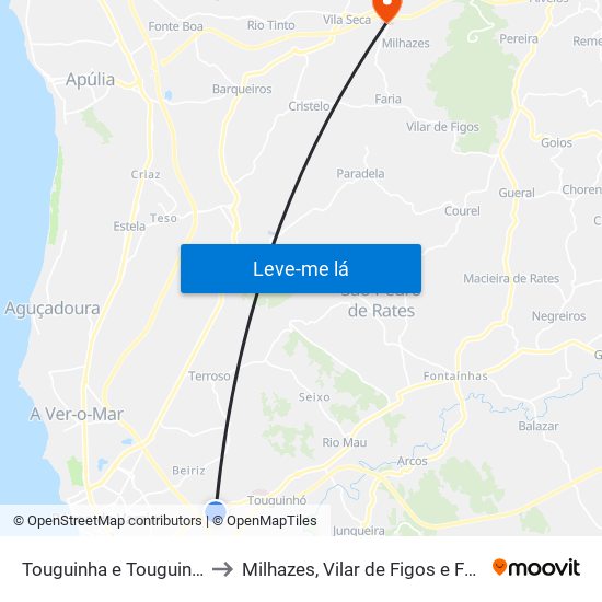 Touguinha e Touguinhó to Milhazes, Vilar de Figos e Faria map