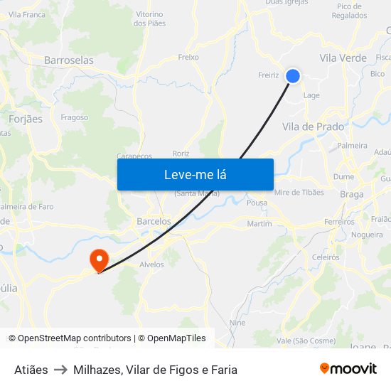Atiães to Milhazes, Vilar de Figos e Faria map