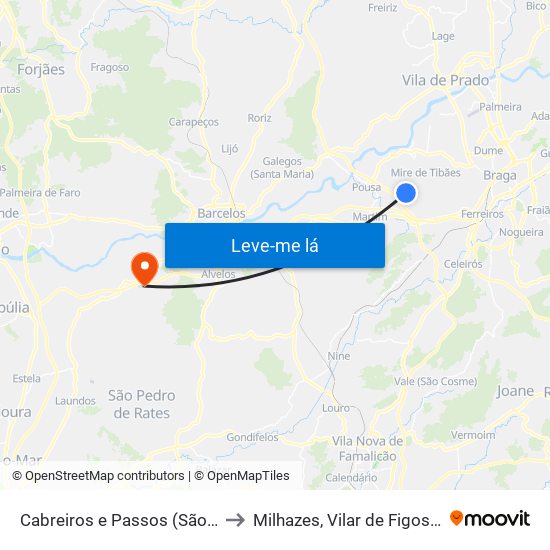 Cabreiros e Passos (São Julião) to Milhazes, Vilar de Figos e Faria map