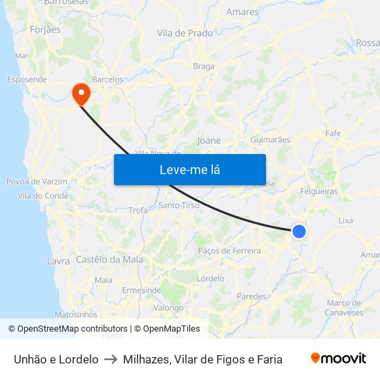 Unhão e Lordelo to Milhazes, Vilar de Figos e Faria map