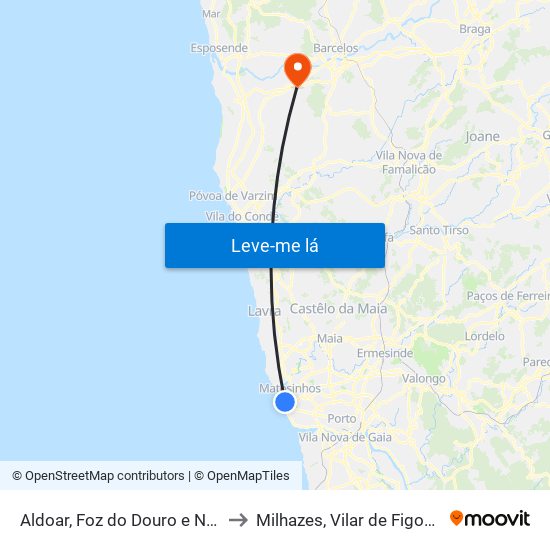 Aldoar, Foz do Douro e Nevogilde to Milhazes, Vilar de Figos e Faria map