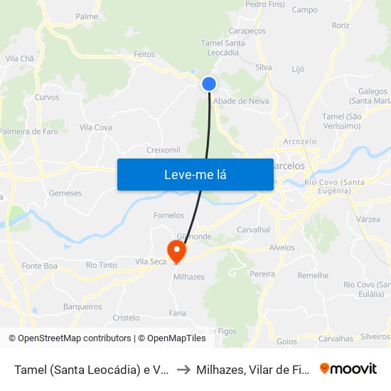 Tamel (Santa Leocádia) e Vilar do Monte to Milhazes, Vilar de Figos e Faria map