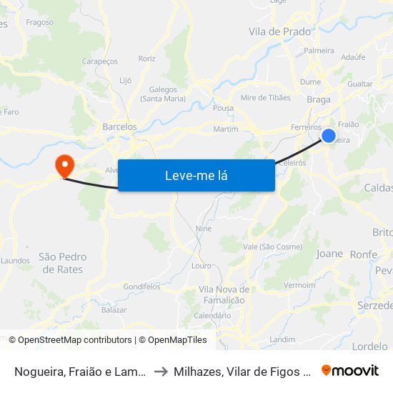 Nogueira, Fraião e Lamaçães to Milhazes, Vilar de Figos e Faria map