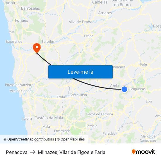 Penacova to Milhazes, Vilar de Figos e Faria map