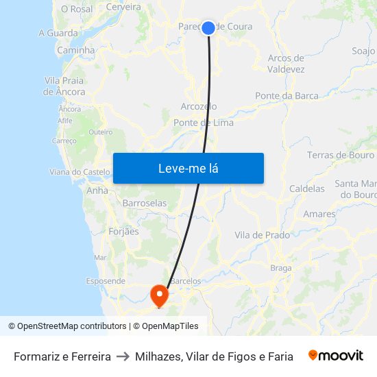 Formariz e Ferreira to Milhazes, Vilar de Figos e Faria map