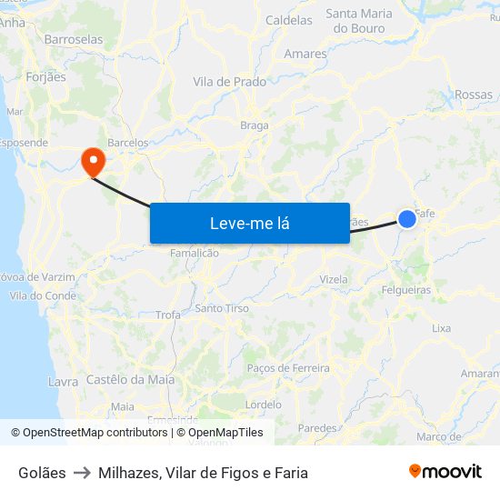 Golães to Milhazes, Vilar de Figos e Faria map