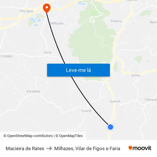 Macieira de Rates to Milhazes, Vilar de Figos e Faria map