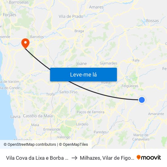 Vila Cova da Lixa e Borba de Godim to Milhazes, Vilar de Figos e Faria map