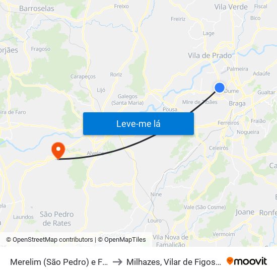 Merelim (São Pedro) e Frossos to Milhazes, Vilar de Figos e Faria map