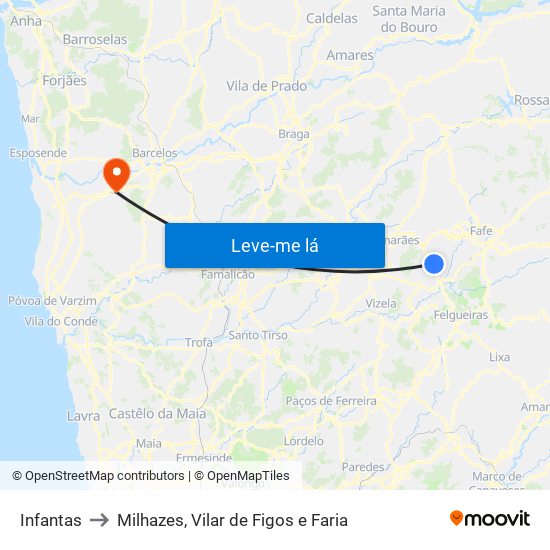 Infantas to Milhazes, Vilar de Figos e Faria map