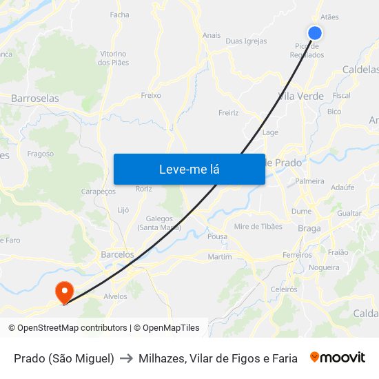 Prado (São Miguel) to Milhazes, Vilar de Figos e Faria map