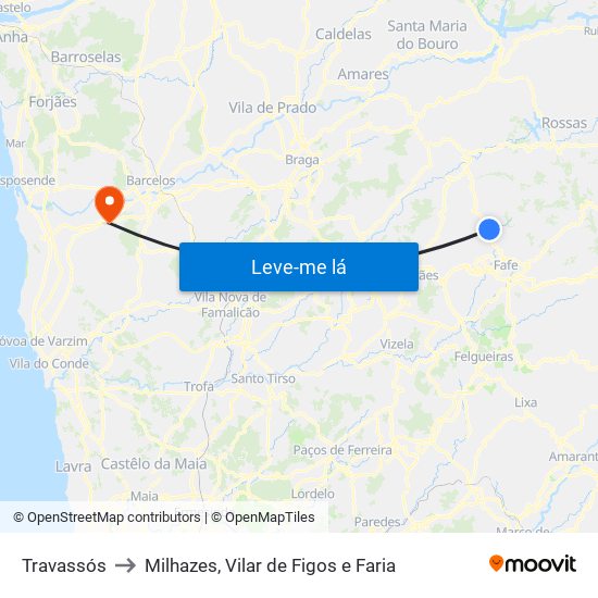 Travassós to Milhazes, Vilar de Figos e Faria map