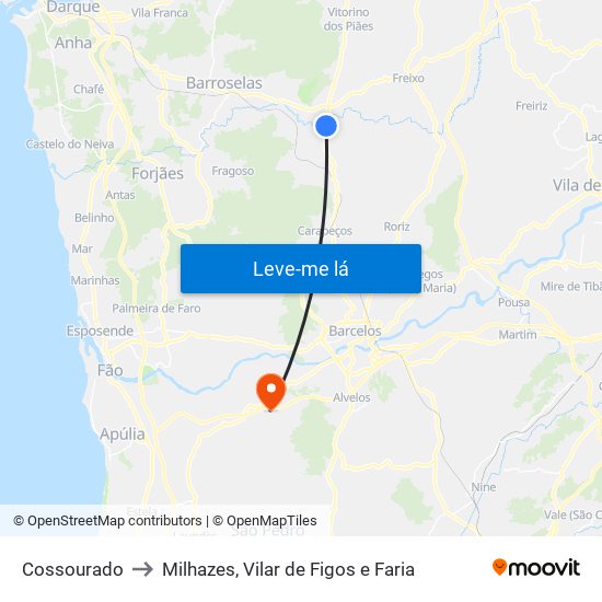 Cossourado to Milhazes, Vilar de Figos e Faria map