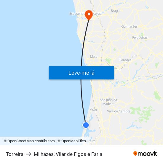 Torreira to Milhazes, Vilar de Figos e Faria map