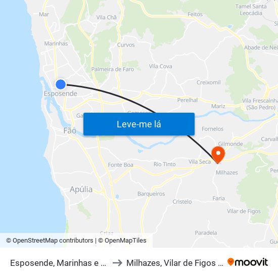 Esposende, Marinhas e Gandra to Milhazes, Vilar de Figos e Faria map
