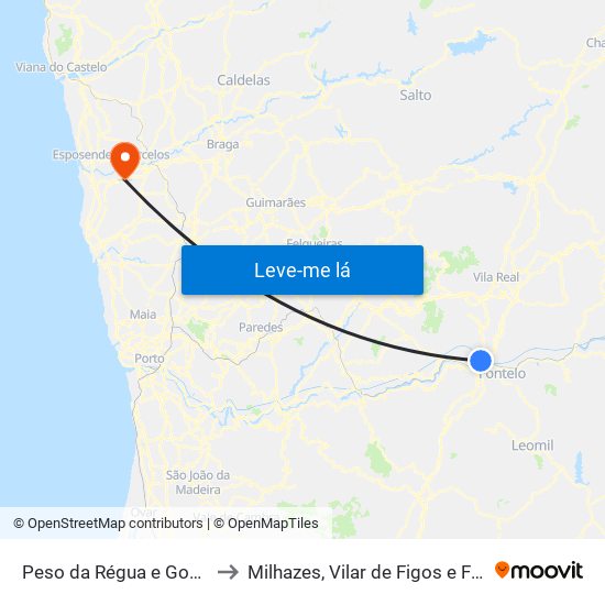 Peso da Régua e Godim to Milhazes, Vilar de Figos e Faria map