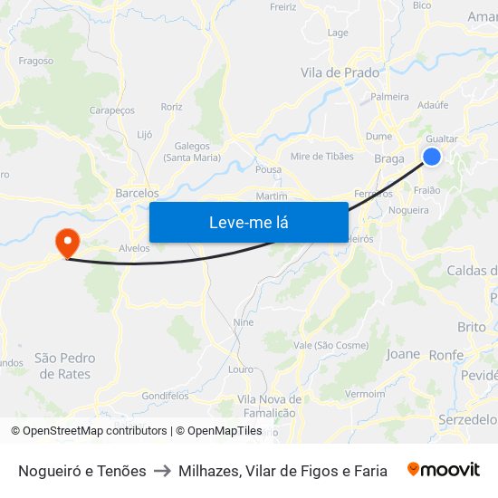 Nogueiró e Tenões to Milhazes, Vilar de Figos e Faria map