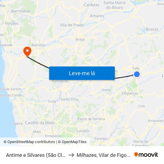 Antime e Silvares (São Clemente) to Milhazes, Vilar de Figos e Faria map