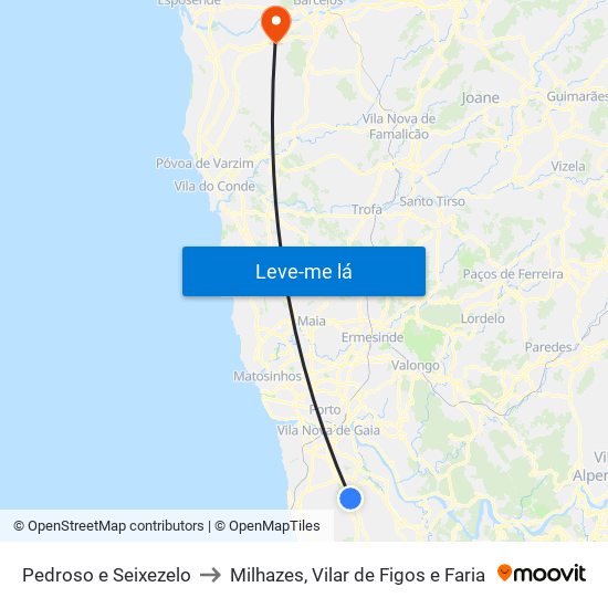 Pedroso e Seixezelo to Milhazes, Vilar de Figos e Faria map