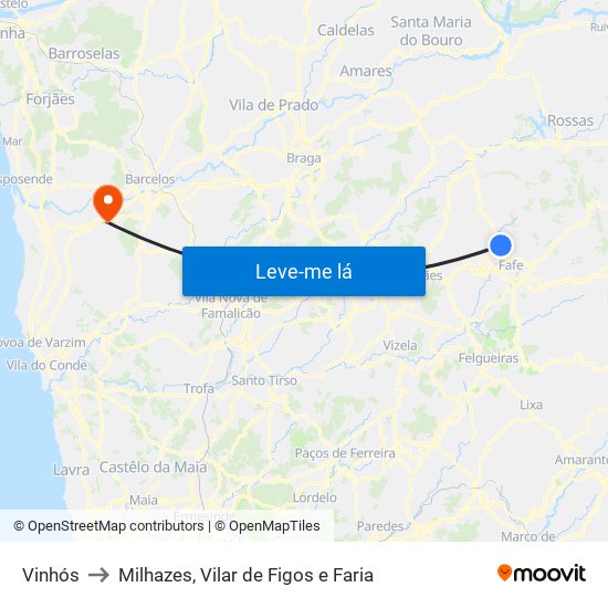 Vinhós to Milhazes, Vilar de Figos e Faria map