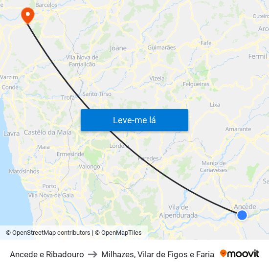 Ancede e Ribadouro to Milhazes, Vilar de Figos e Faria map