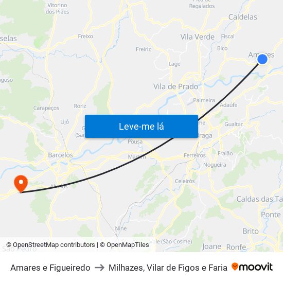 Amares e Figueiredo to Milhazes, Vilar de Figos e Faria map