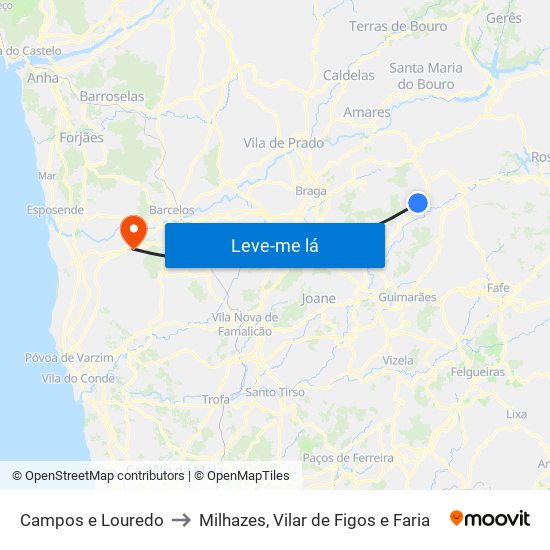 Campos e Louredo to Milhazes, Vilar de Figos e Faria map