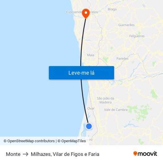 Monte to Milhazes, Vilar de Figos e Faria map