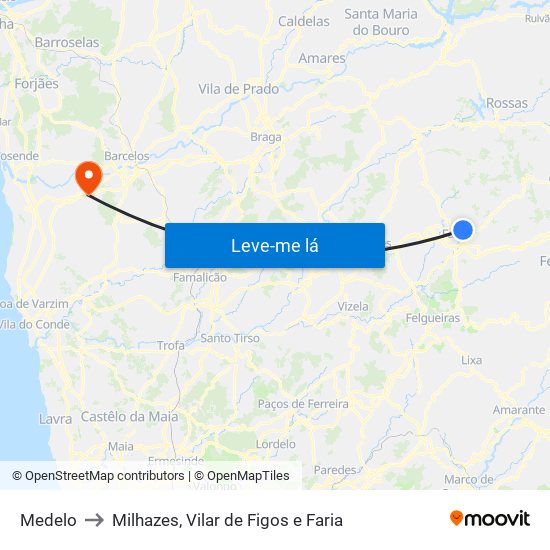 Medelo to Milhazes, Vilar de Figos e Faria map