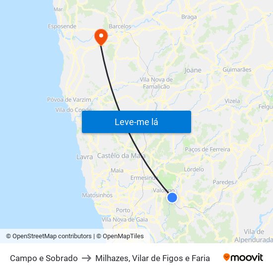 Campo e Sobrado to Milhazes, Vilar de Figos e Faria map