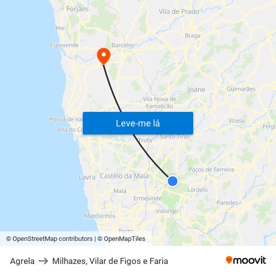 Agrela to Milhazes, Vilar de Figos e Faria map