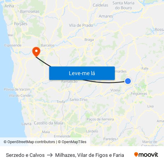 Serzedo e Calvos to Milhazes, Vilar de Figos e Faria map