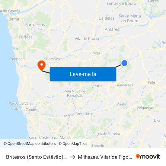 Briteiros (Santo Estêvão) e Donim to Milhazes, Vilar de Figos e Faria map