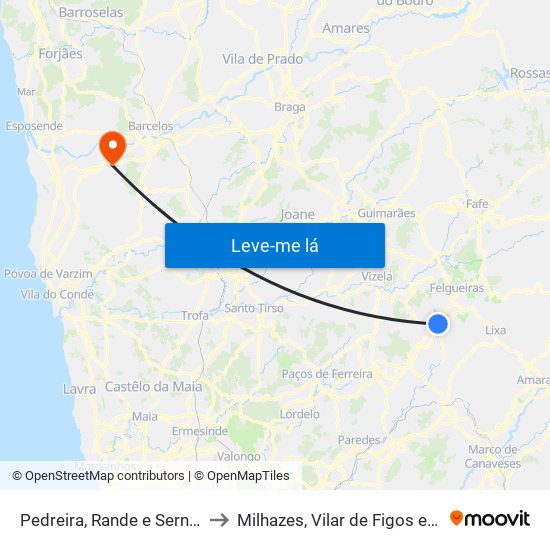 Pedreira, Rande e Sernande to Milhazes, Vilar de Figos e Faria map