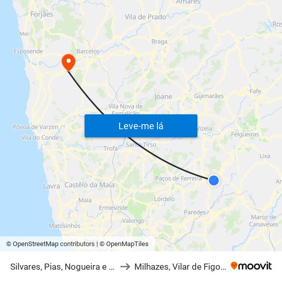 Silvares, Pias, Nogueira e Alvarenga to Milhazes, Vilar de Figos e Faria map