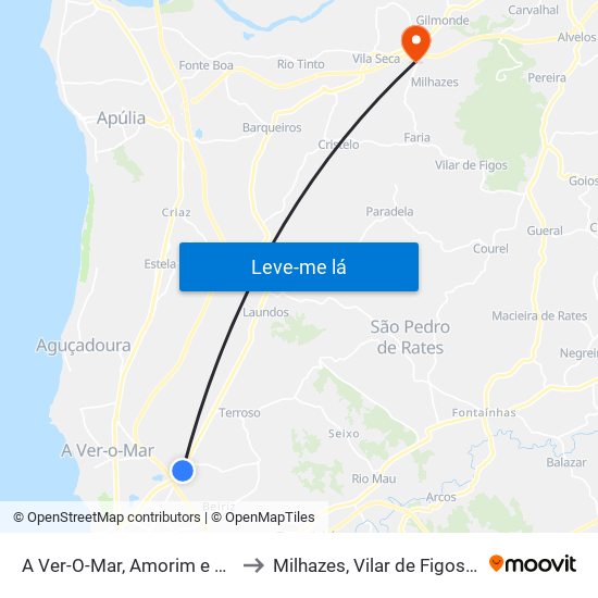 A Ver-O-Mar, Amorim e Terroso to Milhazes, Vilar de Figos e Faria map