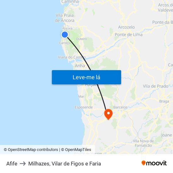 Afife to Milhazes, Vilar de Figos e Faria map