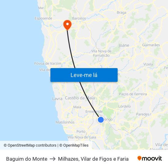 Baguim do Monte to Milhazes, Vilar de Figos e Faria map