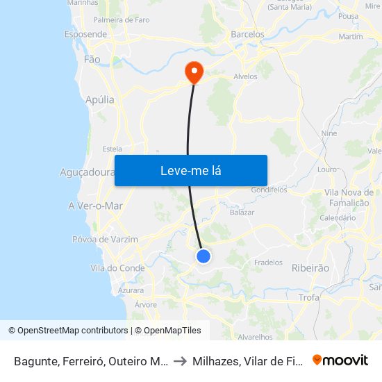 Bagunte, Ferreiró, Outeiro Maior e Parada to Milhazes, Vilar de Figos e Faria map