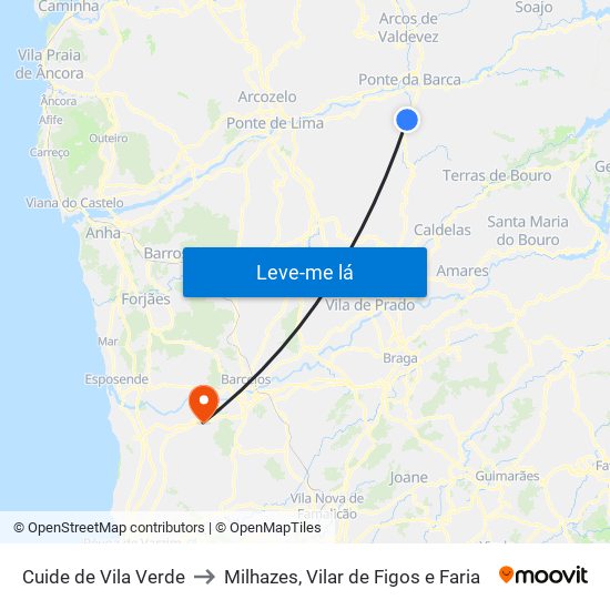 Cuide de Vila Verde to Milhazes, Vilar de Figos e Faria map