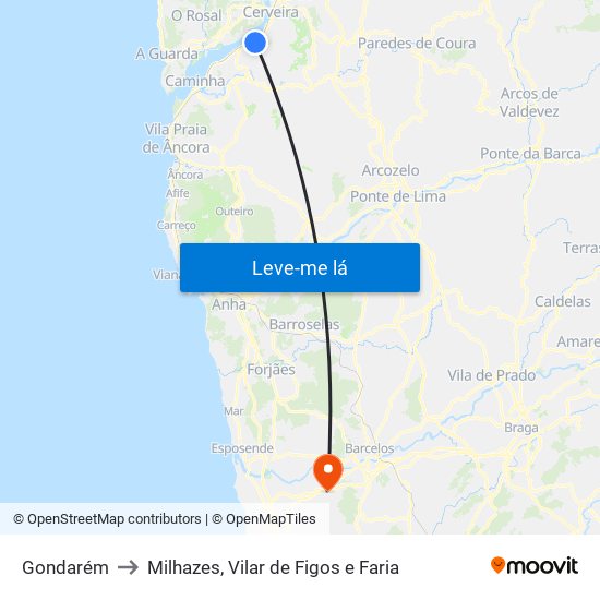 Gondarém to Milhazes, Vilar de Figos e Faria map