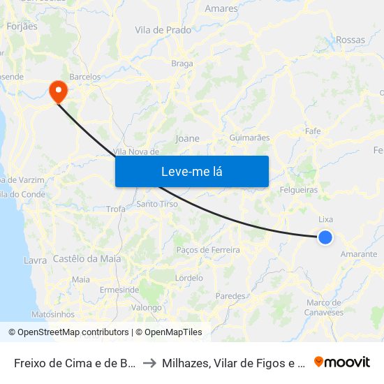 Freixo de Cima e de Baixo to Milhazes, Vilar de Figos e Faria map